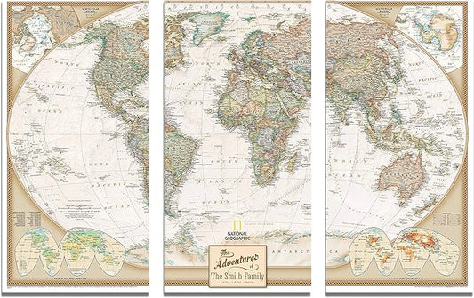 3 Panel - Personalized Canvas Executive World Travel Map with pins- Extra Large Wall Map