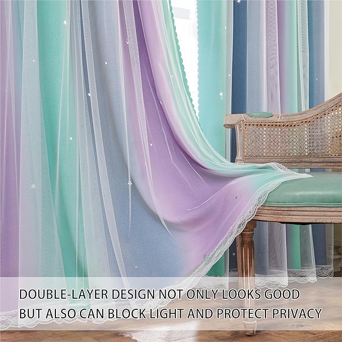 XiDi Grey Kids Curtains for Bedroom, Nursery Bedroom Blackout Curtain, Childs Room Decor Purple Green Curtains, Girls Curtains 72 inchs Long 52 inches Wide 1 Panel