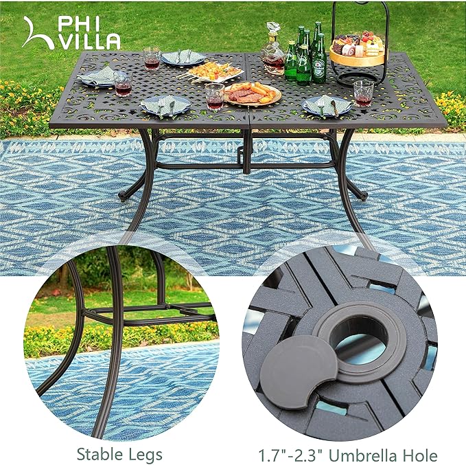 PHI VILLA 64" Outdoor Cast Aluminum Table for 6, Brown Rectangular Metal Dining Table with Umbrella Hole, All Weather Retro Patio Furniture for Outside Deck, Porch, Backyard