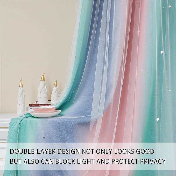 XiDi Pink Grey Curtains for Girls Bedroom, Unicorn Wall Decals Green Curtain, Kids Curtains Room Darking, 63 inchs Long Blackout Curtain 52 inches Wide 1 Panel